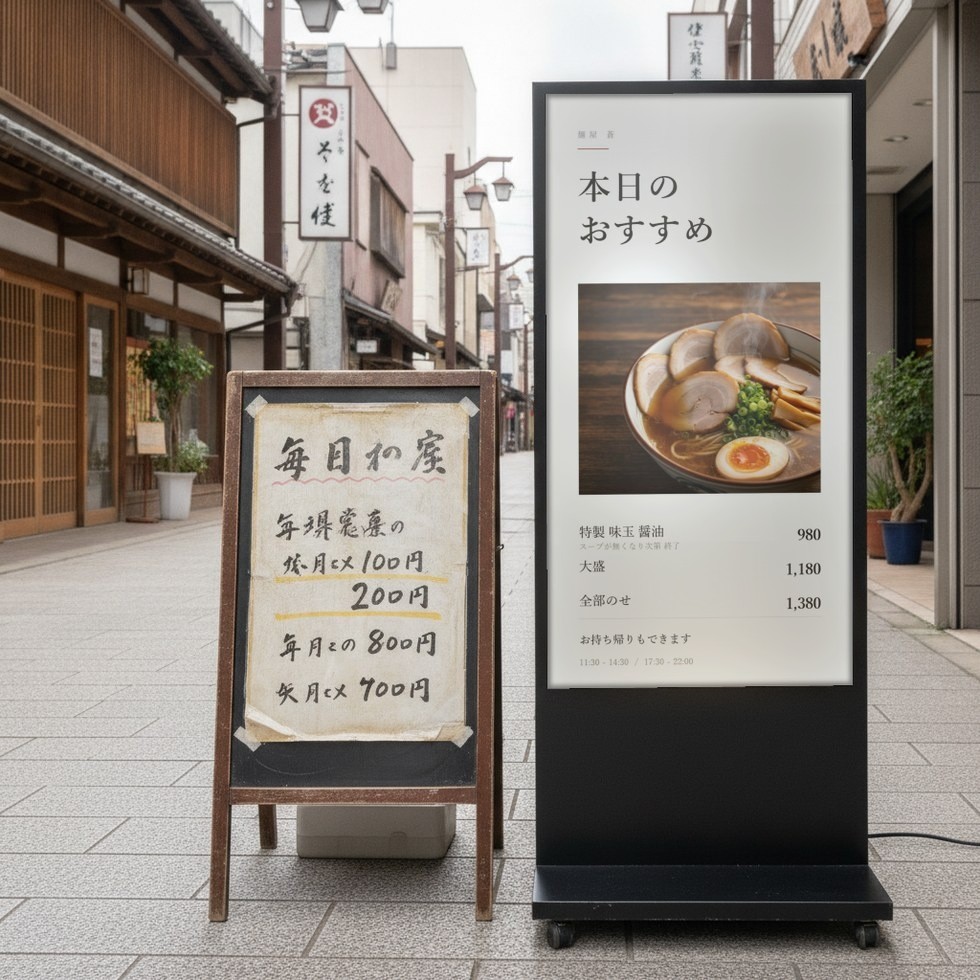 商店街の店先。左に手書きの立て看板、右に本日のおすすめを映したデジタルサイネージ