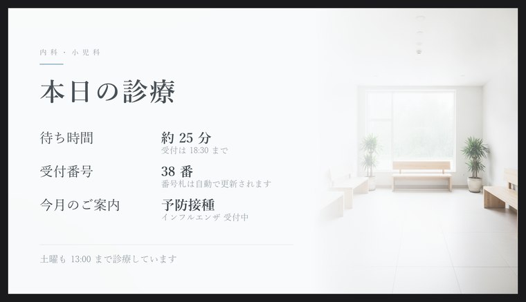クリニック向けの画面。待ち時間の表示