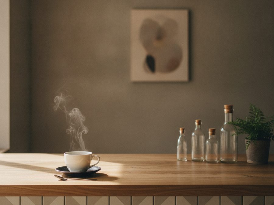 木とタイルのカフェカウンター