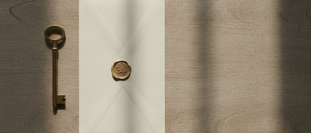 木のテーブルに置かれた鍵と封筒